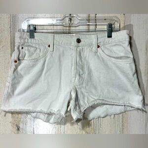 White Jean Shorts with Frayed Hem and Relaxed Fit